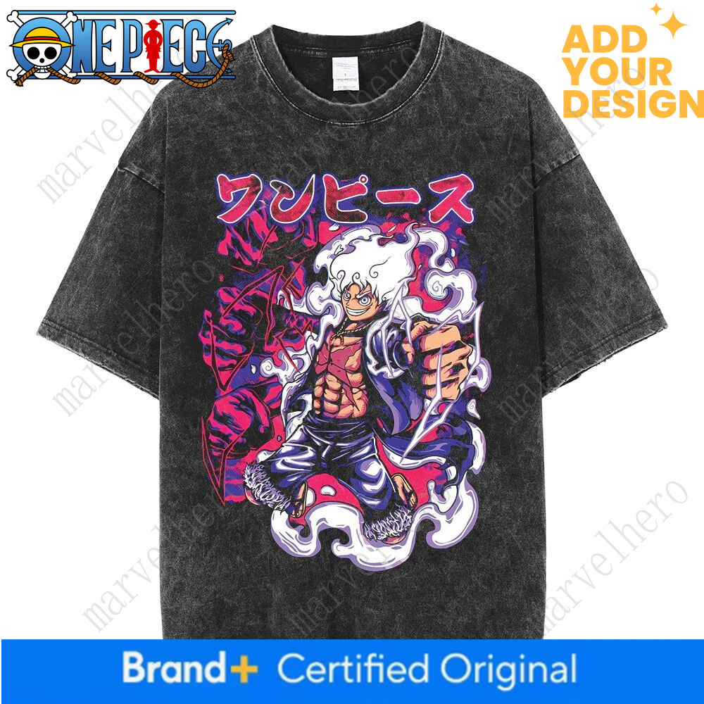 Washed vintage T-shirt, American hip-hop style, anime One Piece Luffy design, loose-fitting, ukiyo-e print, cotton, summer short-sleeve, unisex, tre
