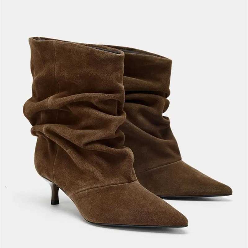 Women's Boots Winter Boots New Pleated Womens Ankle Boots Brown Party Shoes Elegant High Heels Pointed Toe Suede Shoes for Women H260921