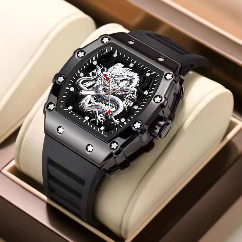 Mens Tonneau Watch 3D Silver Dragon Dial Black Silicone Strap Luminous Waterproof Date Sport Wristwatch Fashion Cool