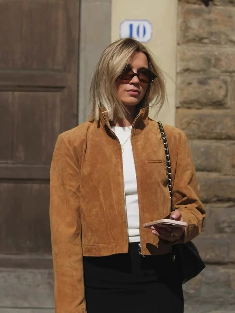Women's Brown Suede Stand Collar Jacket Zipper Long Sleeve Spring Fashion Y2K Streetwear Short Coat for Ladies 260920