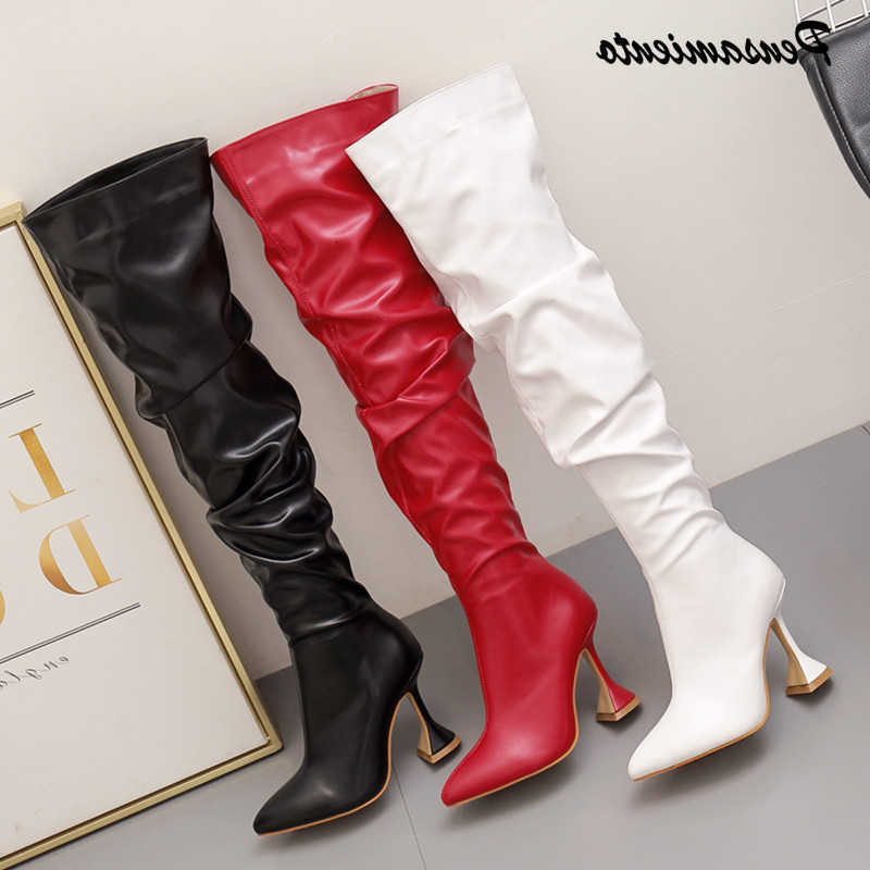 Botas suaves plisadas de cuero Moda Otoño Invierno Mujeres Botas altas hasta el muslo Elegante Punta puntiaguda Tacones altos Rojo Botas sobre la ro