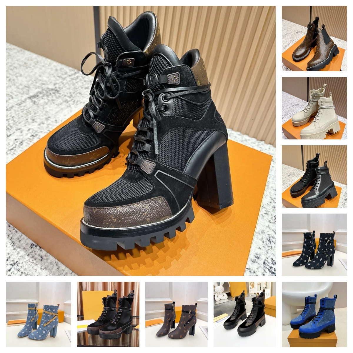 Botas de diseñador Botas clásicas para mujer lvsPlatform Botas de tacón alto Botines Otoño Invierno Moda Cuero con cordones Martin Botines Damas Des