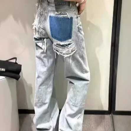Washed Distressed Ripped Jeans For Women 2024 Autumn New Style American Hot Low-waist Loose Straight Wide-leg Pants 5R7K S260921TMBU