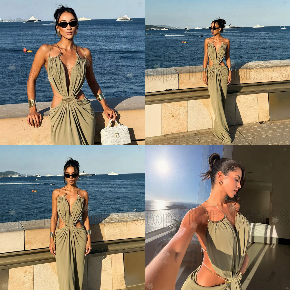 Women Metal Halter Deep V Side Cutout Pleated Slim Fit Long Beach Dress New Popular European Style Sexy Holiday Skirt df a5