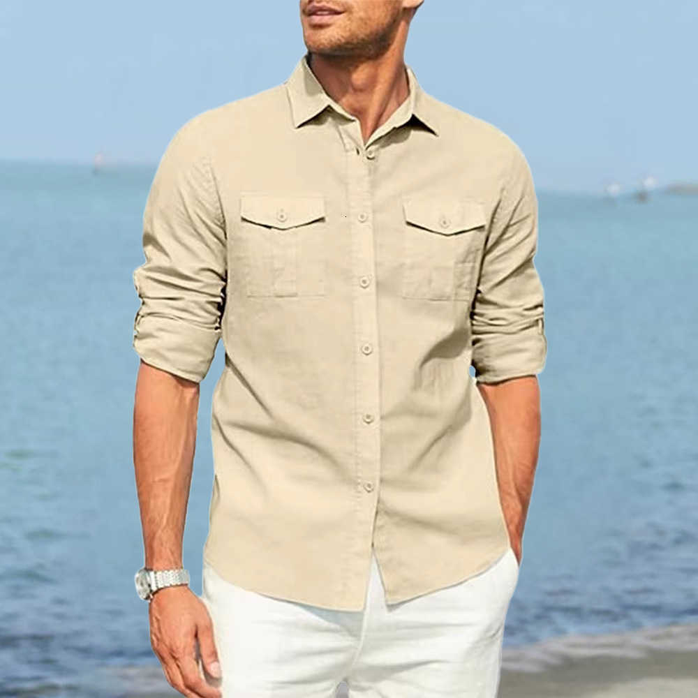 Casual Shirts Autumn New Men's Men's Pure Color Shirt Double Pocket Cotton Linen Long Sleeve Lapel Shirt Casual Dailywear Classic Male Car
