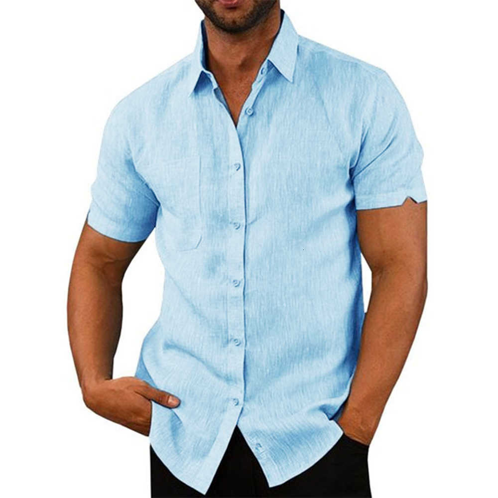 Casual Shirts Cotton Linen Men's Hot Sale Men's Short-Sleeved Shirts Summer Solid Color Turn-down collar Casual Beach Style Plus Size H260