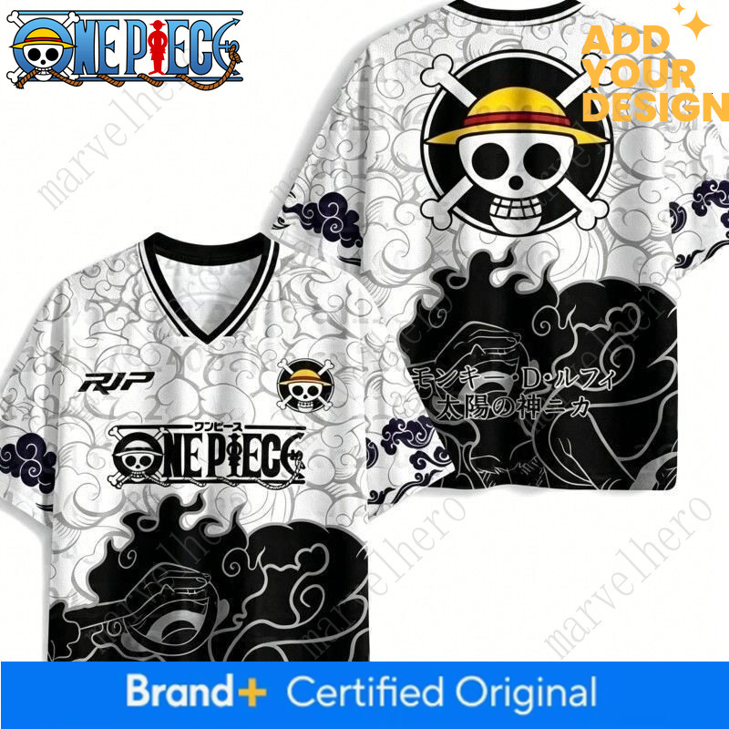 Summer New Retro One Piece Series Cartoon Jersey V-Neck Short-Sleeved T-Shirt with Personalized Print Loose Casual Top