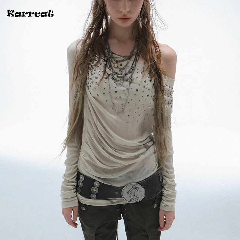 Karrcat Estetica Grunge Top con spalle scoperte Trashy Y2k T-shirt con stampa di diamanti Stile vintage anni 2000 Streetwear Punk American Retro 260