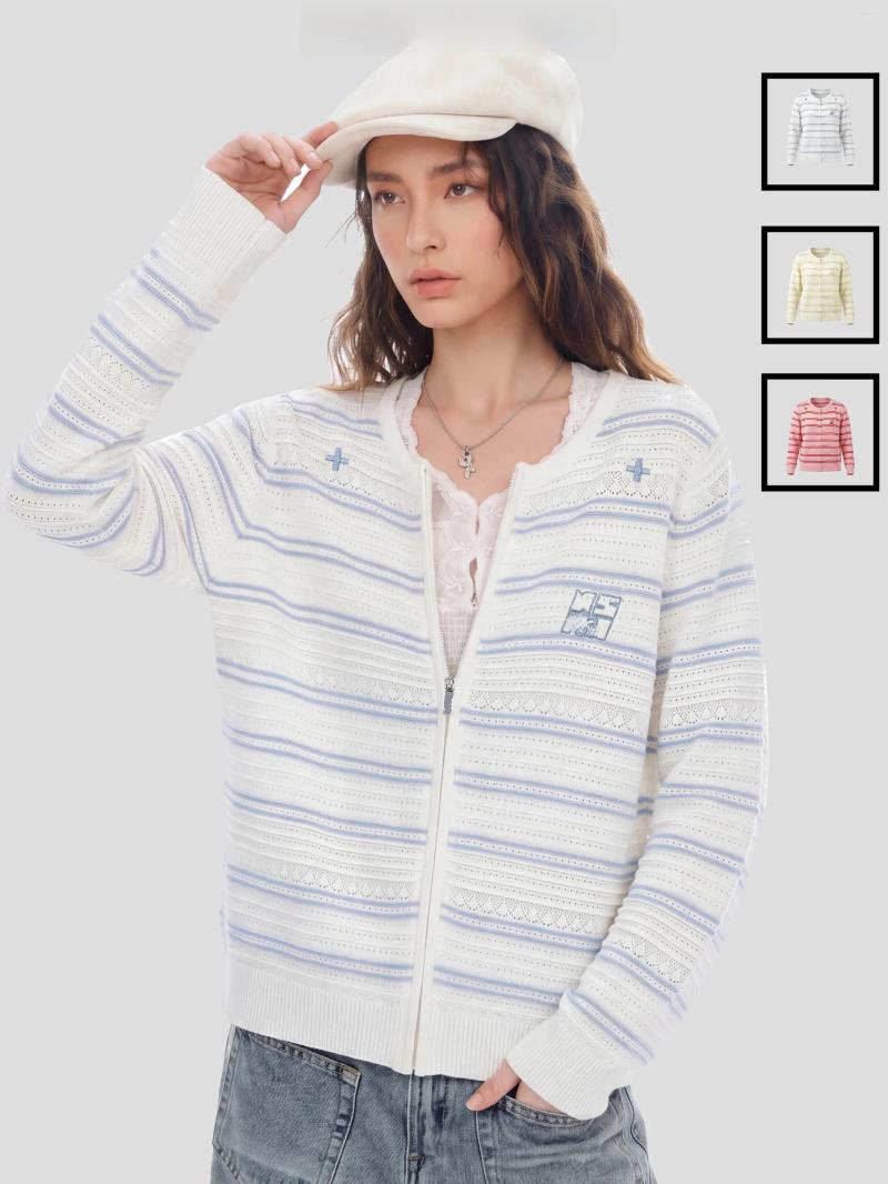 INSstudios American Style Cool Feeling Hollow Out Striped Knitted Cover Up Summer Breathable Sun Protection Jacket