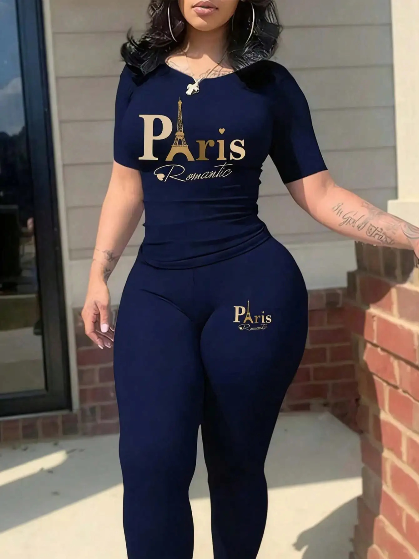 2026 Women's Paris Printed Two-Piece Set Casual Short-Sleeved Round Neck T-Shirt and Tight Pants Long Pants Set 260920