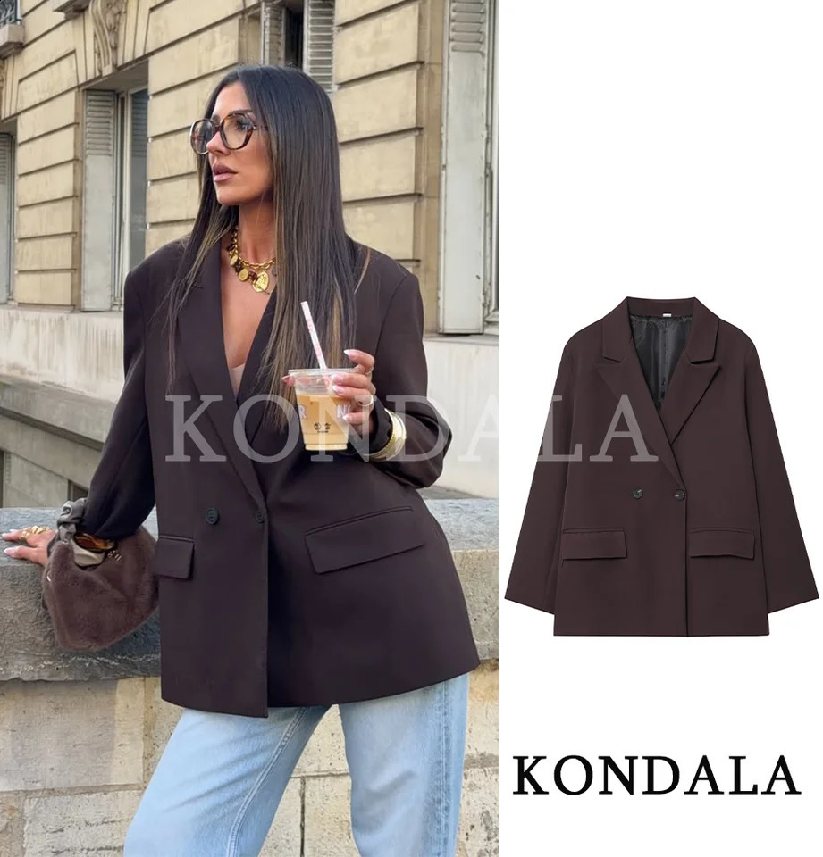 KONDALA Elegant Commute Doublebreasted Blazer Women Vintage Brown Buttons 2026 Spring Summer Trendy Office Lady 260921