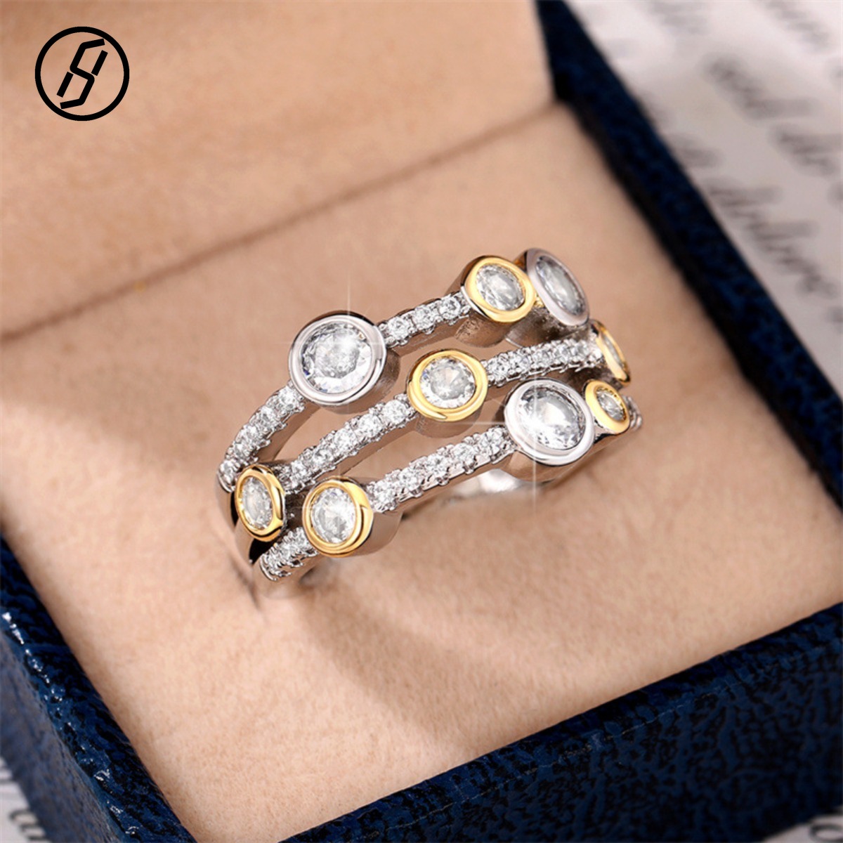 French Multi Row Two-Tone Bezel CZ Statement Ring Silver Gold Plated Scattered Bubble Stacking Band for Women Designer Ring Wholesale