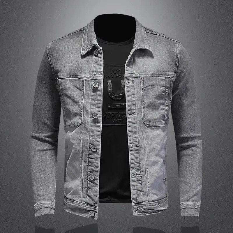 Men's Autumn Winter Casual Jacket with American Retro Motorcycle Embroidered Street Fashion Grey Jeans Coat 260920