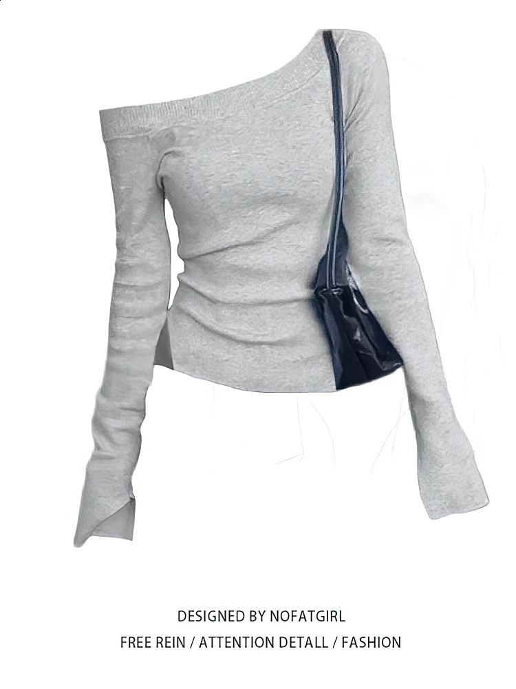 Off shoulder Long sleeve T shirt Women One shoulder Fitted Basic Plain Tee Shirt Lady Split Casual Top Spring Autumn Winter 260920