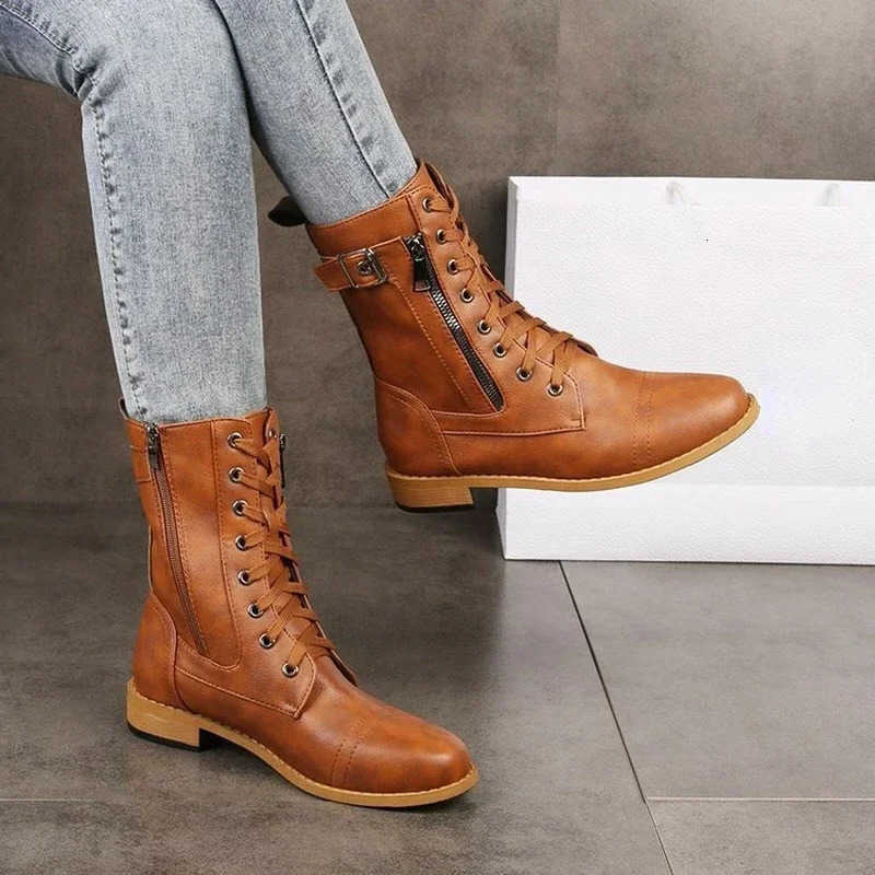 Heel Platform Boots Boots Women High Boots Casual Leather Shoes Autumn Winter Round-toe Zipper Plus Size Ladies Shoes 2024 H260921