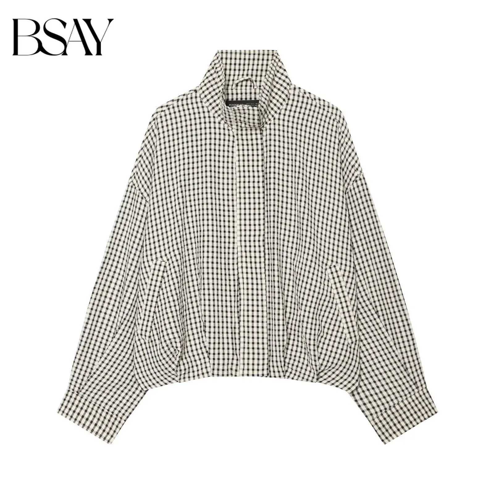 2026 BSAY Women's Women's Jackets French Retro Plaid Stand Up Collar Long Sleeved Casual Street Short Top Loose Minimalist Jacket Pilot Ja