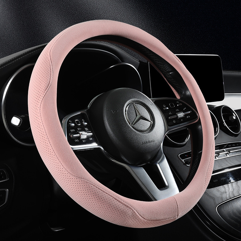 Car Steering Wheel Ultra-thin Breathable D-shaped Non-slip Suede Cover Faux Leather Universal for Men Women Summer and All Seasons