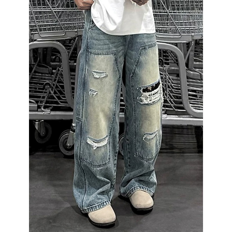 Jeans da uomo Pantaloni da uomo Pantaloni in denim larghi dritti multitasche lavati pesanti stile carpentiere Casual Fit High Street 26L0921