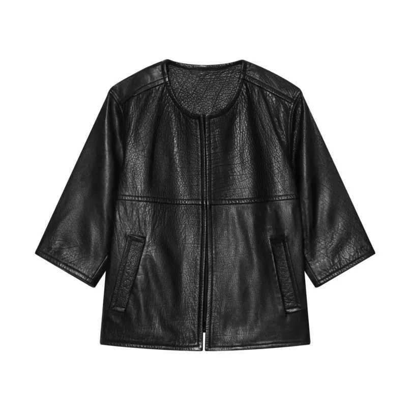 Jacket Women's Leather Jackets Women's with Zipper New 2026 Autumn O-Neck Half Sleeve Pocket Women Soft Coats Simple Female Outerwear Tops