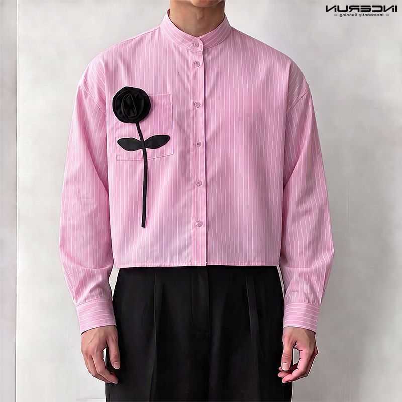 Men's Casual Men's Shirts Shirt Flower Striped Patchwork Stand Collar Long SLeeve Men Clothes Streetwear Korean Style Fashion Tops For Man