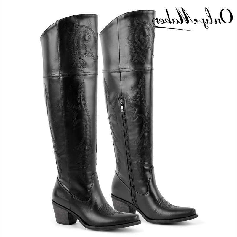 Women Winter Boots Black Onlymaker Brown Knee High Boots Pointed Toe Chunky Pull On Embroidered Thick Heels Boots Zipper Large Size H260921