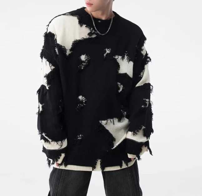 Niche Rough Edge Design Sweater Men's 2026 Autumn Loose Hem Irregular Hole Knitted Sweater S260921NGO6