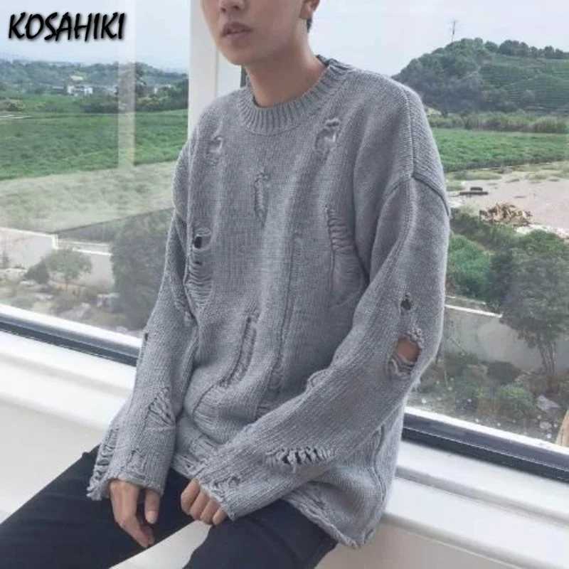 Gothic Grunge Solid Knitted Sweater Men and Women Long Pullovers Loose Hole Punk Sweaters Jumpers Mujer Jersey Streetwear S2609216RWJ
