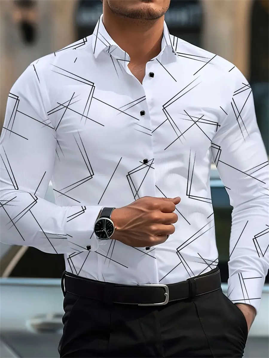 trendy Men's Casual Shirts Men's geometric line print long-sleeved shirt Business casual fashion design slim fit non-iron versatile ins st
