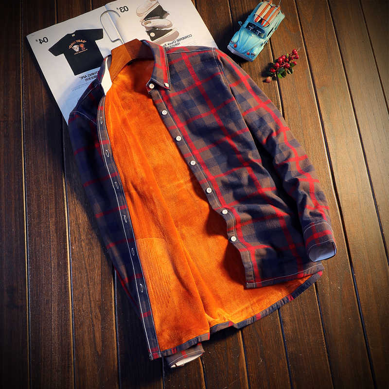 Men Men's Winter Casual Shirts Red Plaid Shirt Autumn Thick Cotton Shirts Fashion Warm Long Sleeve Striped Shirt Men Camisa/Chemise Red Blue H2