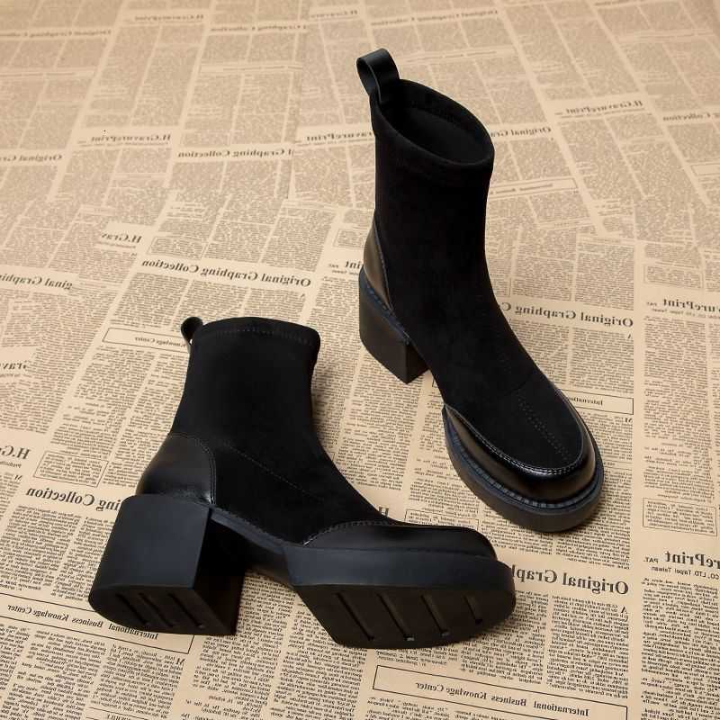 para botas Zapatos de mujer cortos Botas de tobillo de mujer negras Calcetín Calzado Botines de combate Tacones muy altos Gamuza Estilo punk Tacón B