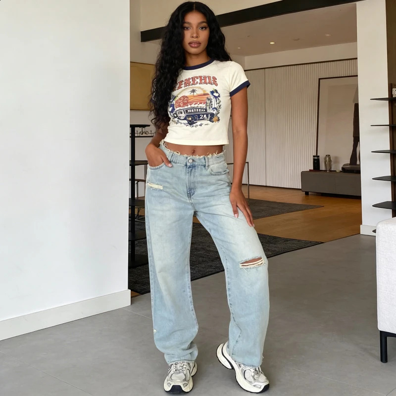 Jeans da donna effetto consumato Jeans strappati con fori in denim lavato Jeans dritti Lunghezza alla caviglia Tasche con cerniera allentate e solid