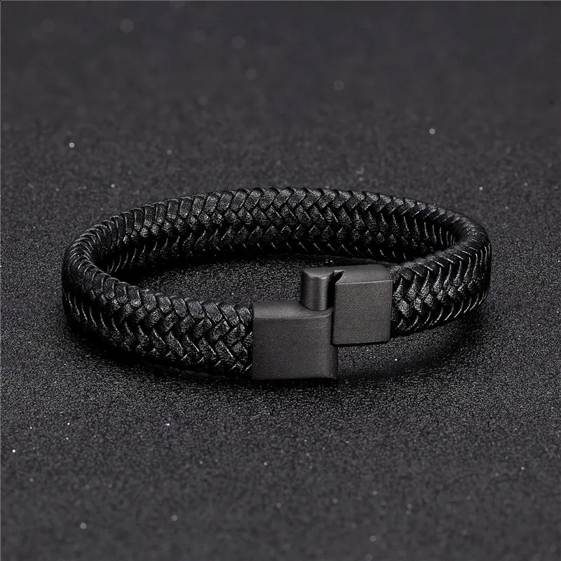 MKENDN Punk Hombres Pulsera de cuero Negro Acero inoxidable Cierre magnético Trenzado Brazalete tejido Pulseras Regalo de los amantes 260920