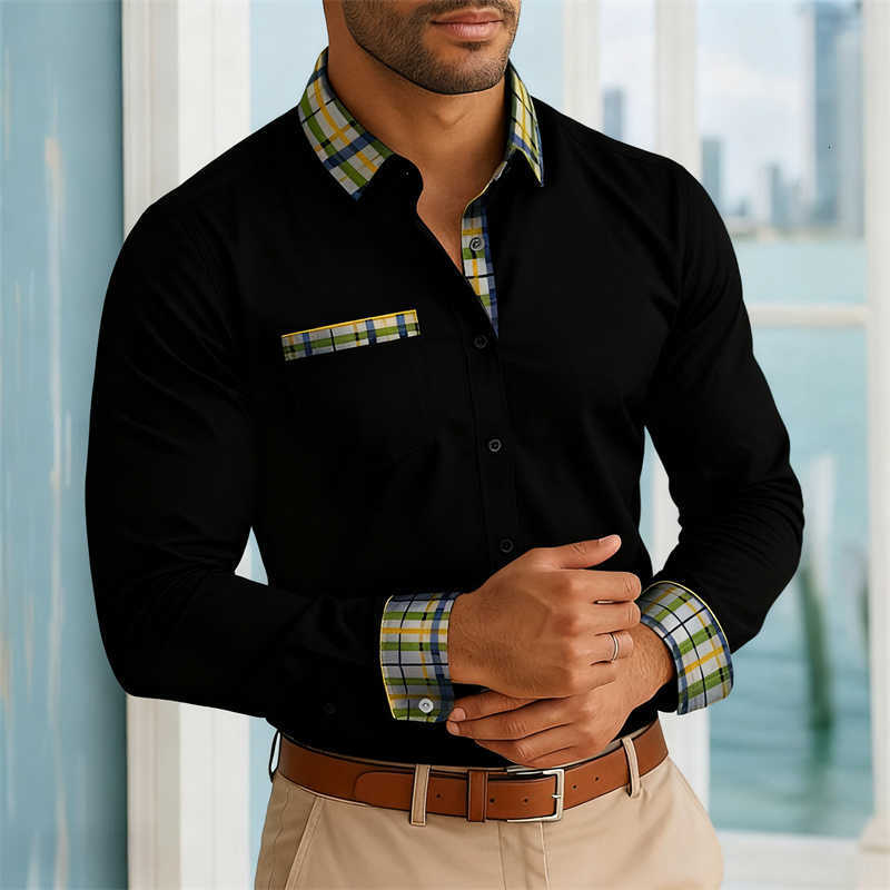 stylish Men's Men's Casual Shirts color-blocked plaid collared long-sleeved shirt business casual black shirt available in multiple colors