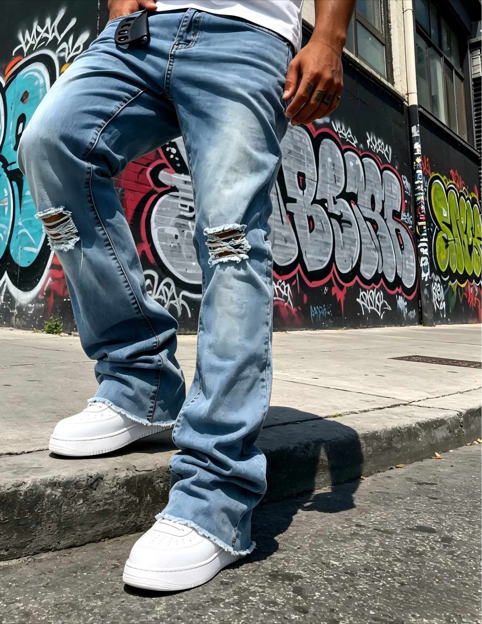 Men's Light Blue Denim Pants, Distressed Flared Jeans with Knee Rips & Frayed Hem for Streetwear 26L0921