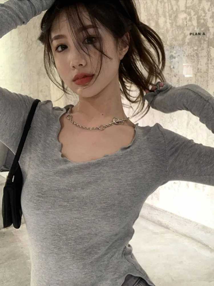 Women's T-Shirt Long Sleeve T-shirts Women Fungus Line Irregular Hem Knitted Slender Autumn Bottoming Tees Chic Fashion Sexy Solid Ulzzang New