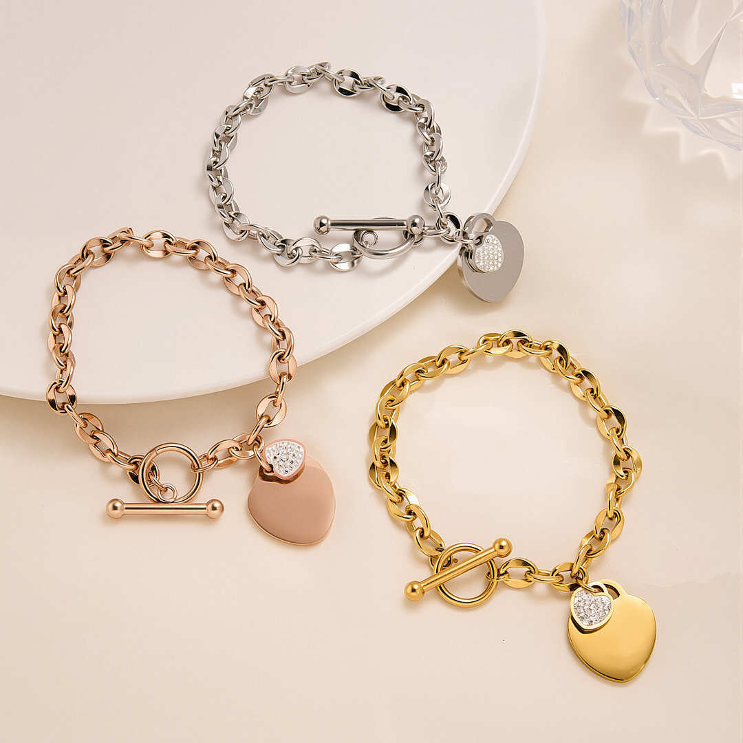 Fashion High-End Full Diamond Heart Bracelet For Women, Niche Light Luxury OT Buckle Design, Dongguan Titanium Steel Jewelry