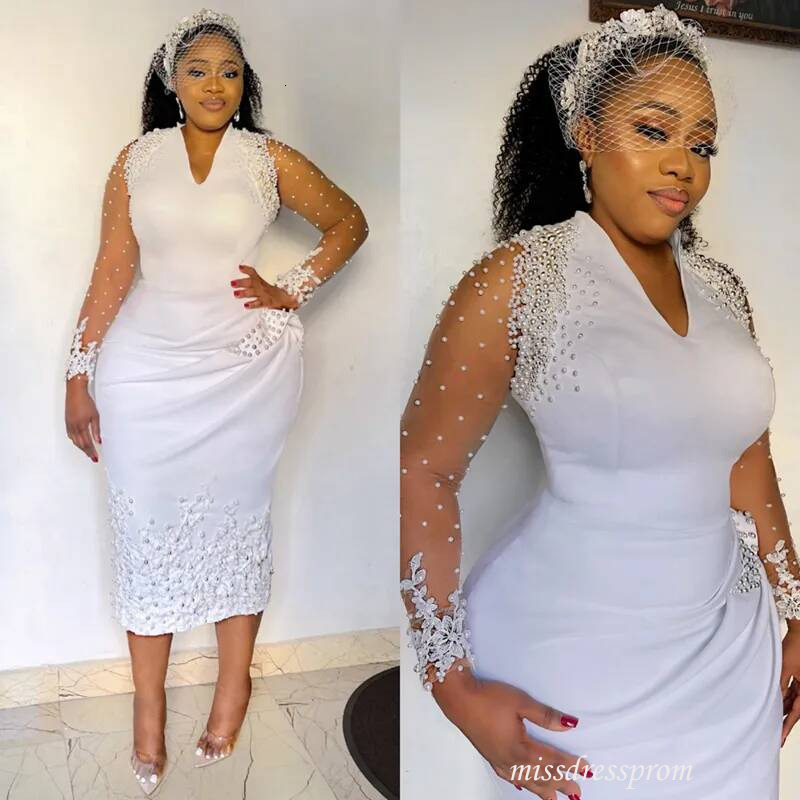 Gorgeous Tea Length Short Wedding Dresses Bridal V Neck Long Sleeves Satin Pearls Appliqued Beaded Lace Wedding Gowns for African Black Women