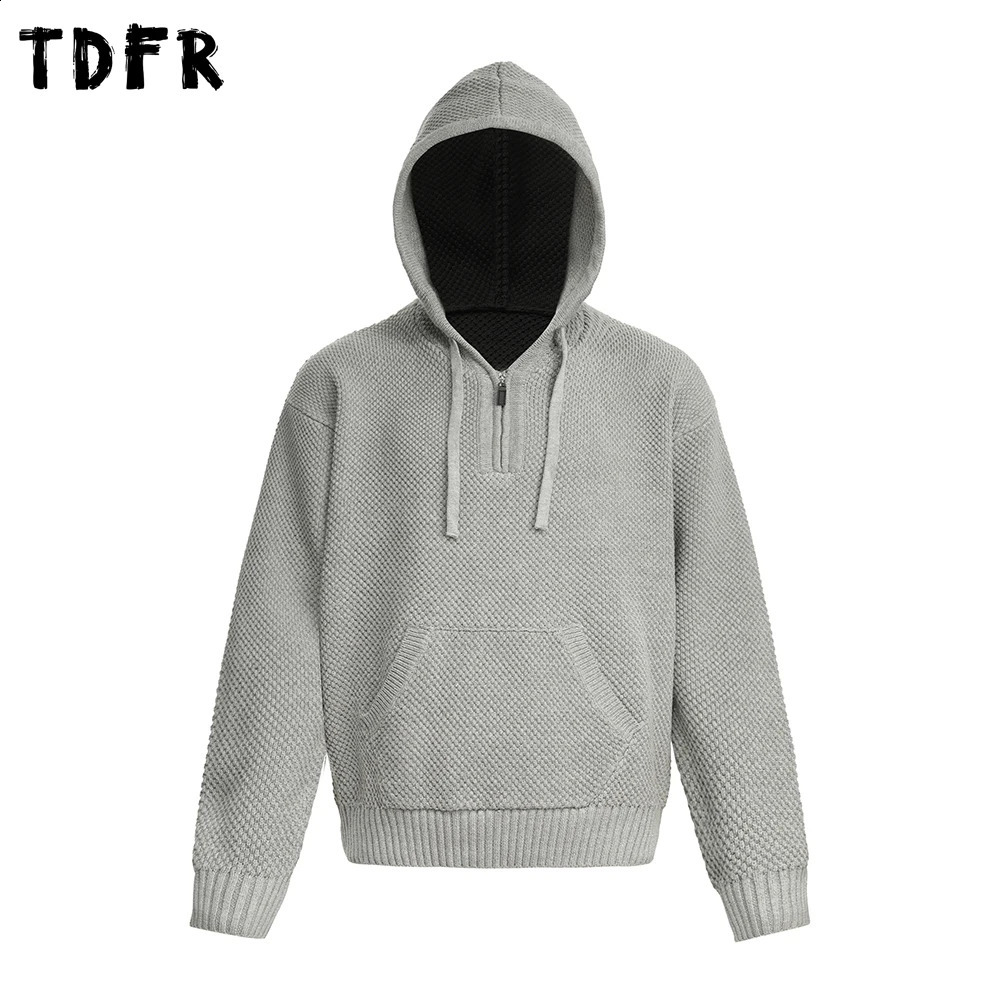 SolidColor Hooded Sweater Mens Autumn Winter Simple Casual Loose Front Pocket Long Sleeve Knitted Man 260922