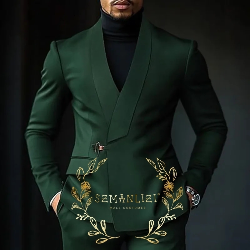 Dark Green 2 Pieces Men Suits Set Fashion Men's Formal BusinessWedding Groom Shawl Lapel Double Breasted Blazer Pants y260904