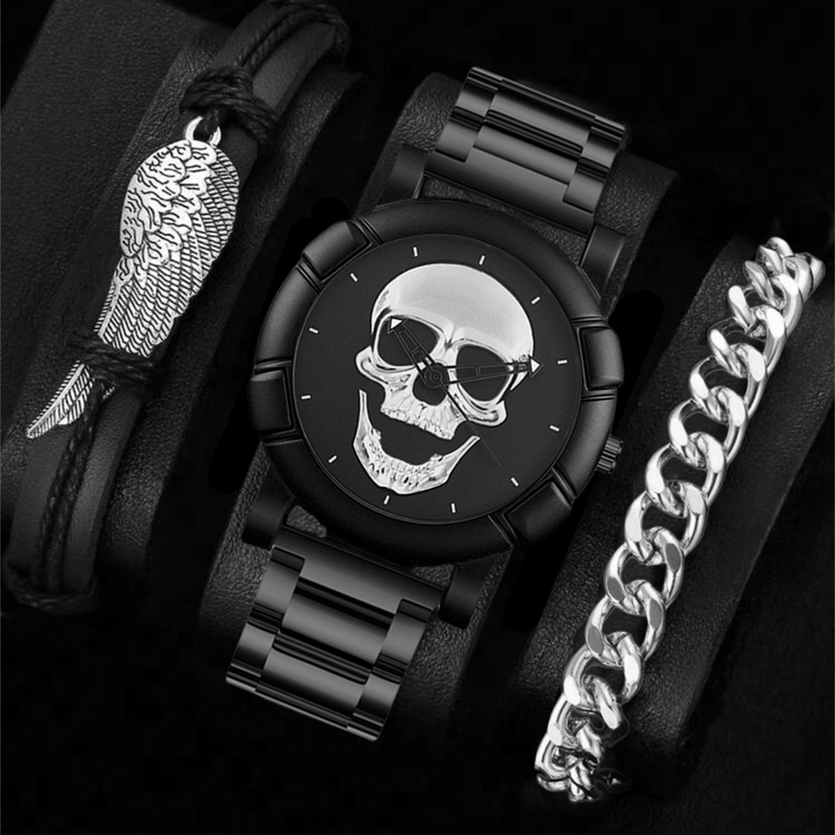Fashion Mens Quartz Watch 3D Skull Dial Black Steel Strap Large Dial Punk Gothic Dark Style Sport Wristwatch Cool