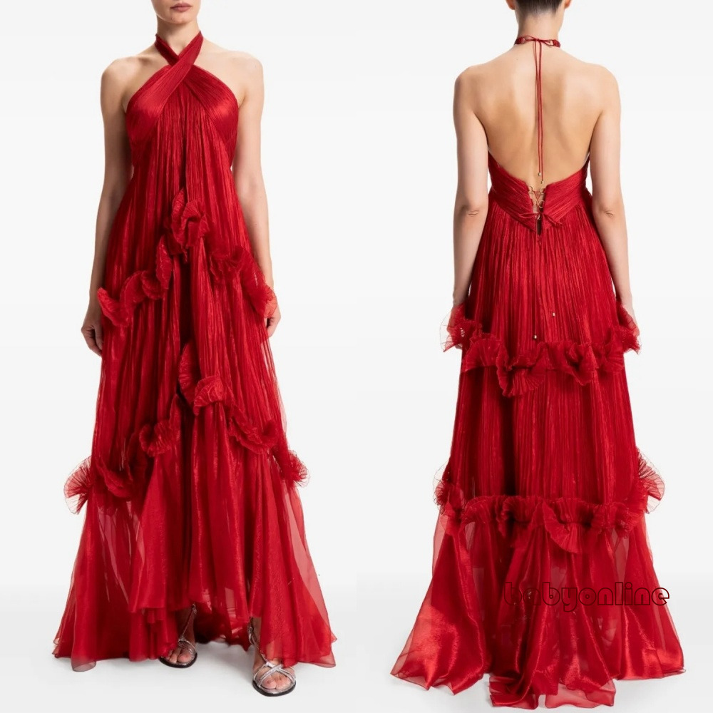 Graceful Red Evening Dresses Sexy Backless A Line Halter Neck Pleats Ruched Tiered Long Women Prom Gowns Women Formal Occasion Robes