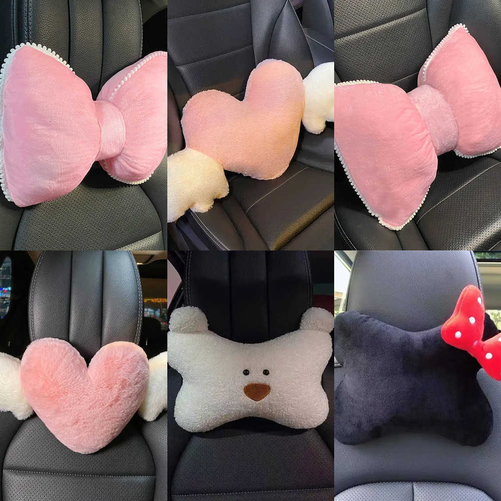 Comfortable Car Seat Covers Soft Pink Plush Car Headrest Lumbar Support Cartoon Bowknot Car Waist Neck Pillow Car Interior Decoration For Winter J26
