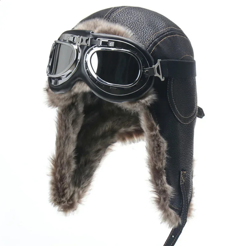 Winter Men Bomber Hat With Goggles Outdoor Motorcycle Windproof Warm Faux Fur Pilot Earflap Hat Leather Thermal Ushanka260918