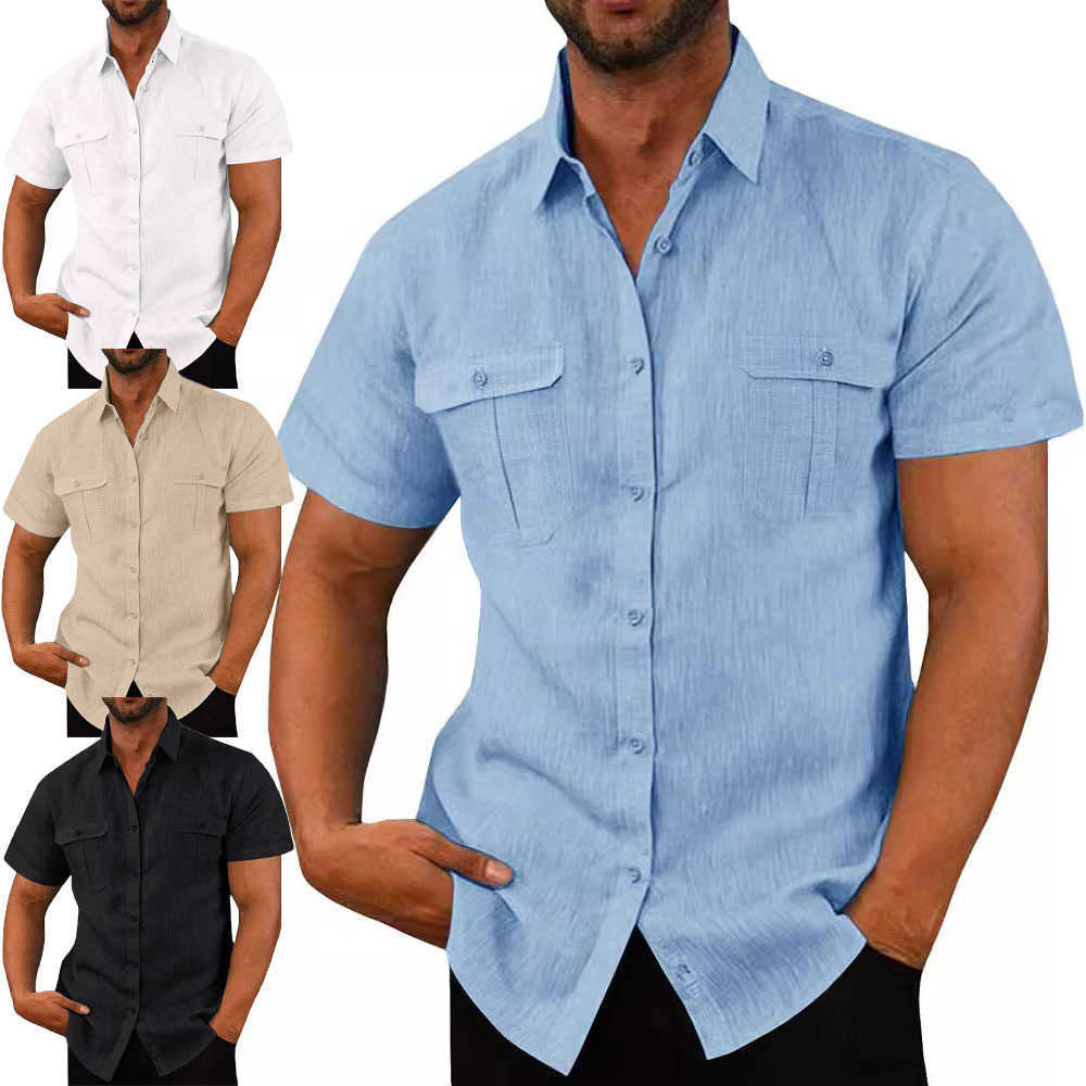 Shirt Men's Men's Casual Shirts Double Pocket Cotton Linen Short Sleeve Shirts for Men Casual Holiday Beach Shirt streetwear Solid Color S