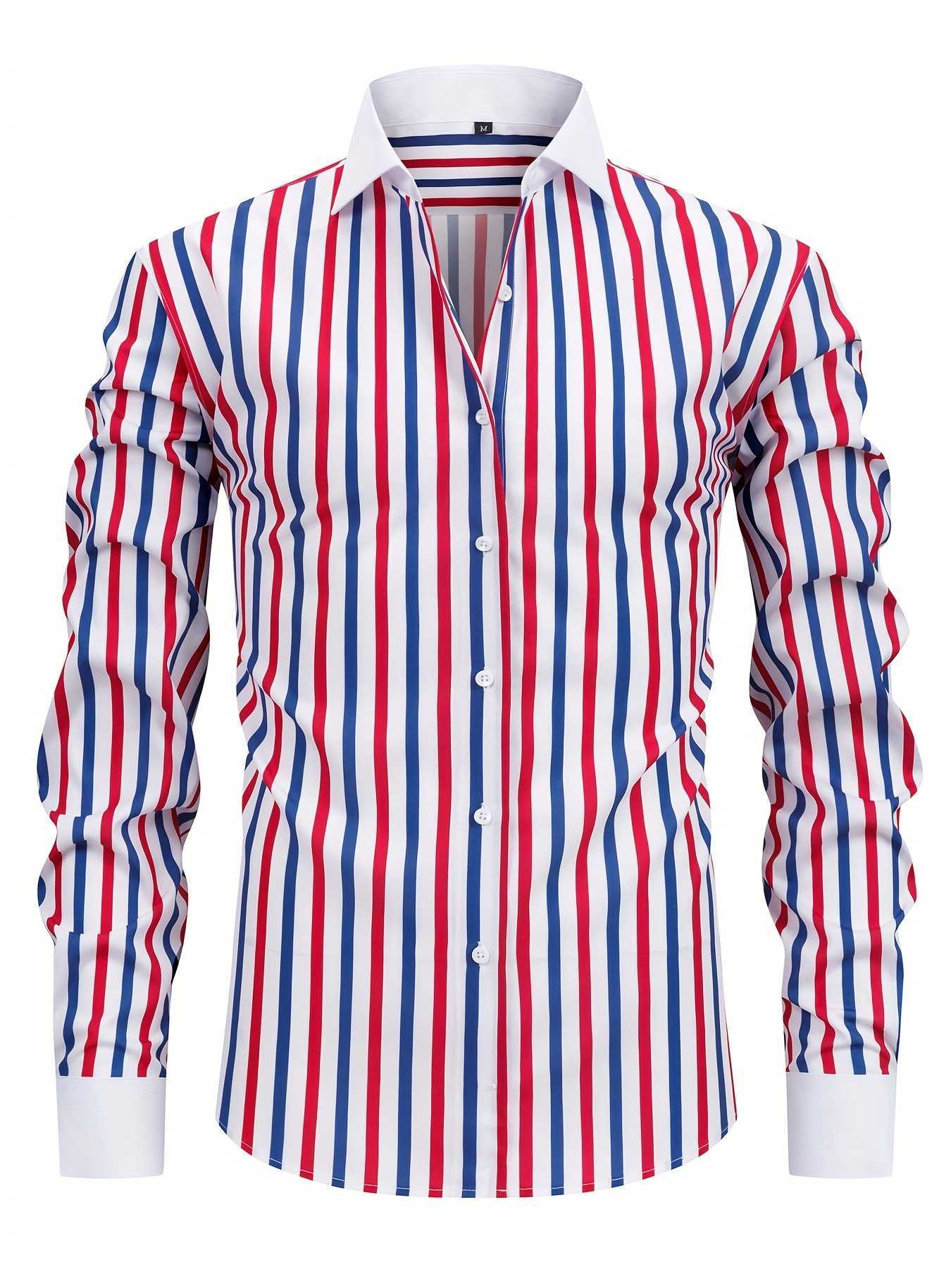 Elegant Men's Men'S Casual Shirts Striped Long Sleeve Button-Up Shirt Stretchy Polyester Blend Fitted Design Perfect for Business or Casua