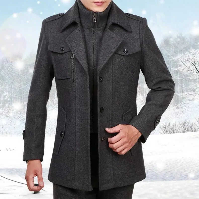 Wool Blends New Fashion Men's Men Middle Long Scarf Collar Woolen Coat Jacket Male Winter Thick Warm Solid Color Casual Slim-fit Trench Outerwe