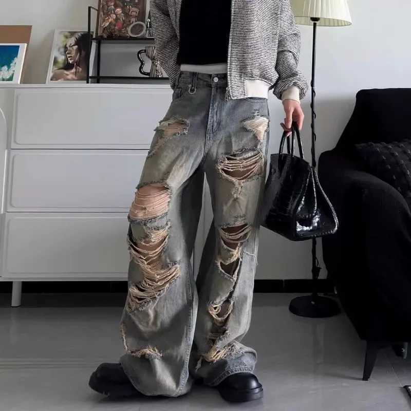 Men's Jeans Relaxed Fit Distressed Ripped Denim Pants Streetwear Summer Man Pants Washed Vintage Wide Leg Holes S260921NLYV