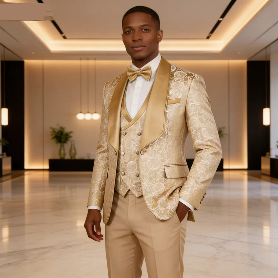 Abito da smoking formale da uomo in jacquard champagne 3 pezzi con blazer con risvolto Shaw per smoking da uomo per sposo da sposa per la festa 2609