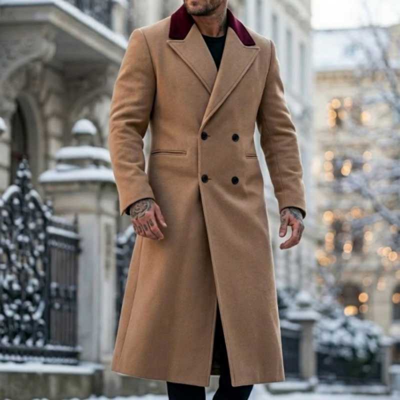 Wool Blends Mens Winter Men's Extra-Long Jacket Thick Heavyweight Windproof Casual Streetwear Coat Double-Breasted Long-Length Mens Wear D26092