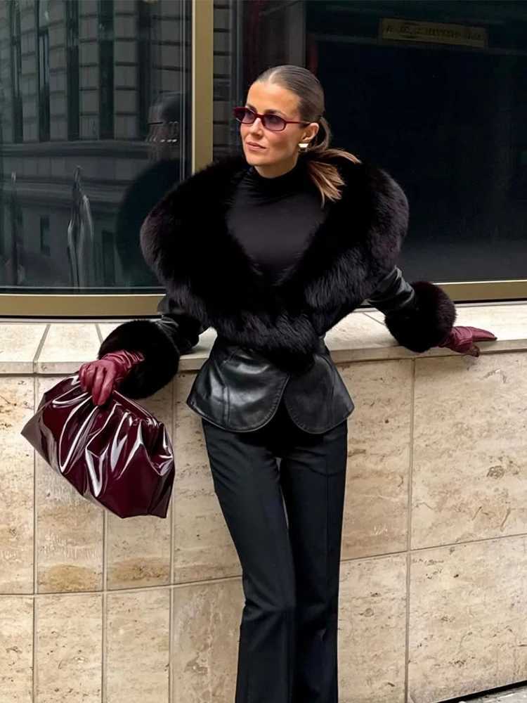 Black Faux Fur Collar Leather Jacket Elegant Lapel V-neck Waist Cinching Long-slved Short Coats Lady Winter Commute Coat 2026 T260829